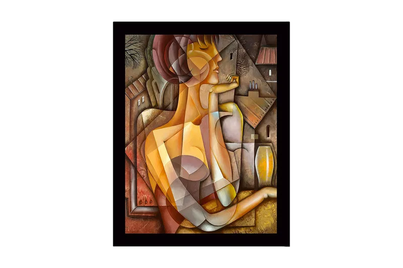 Inramad Canvastavla i trä - 41x56 cm - Abstrakt porträtt av en kvinna med geometriska former, Guld / Brunt / Beige