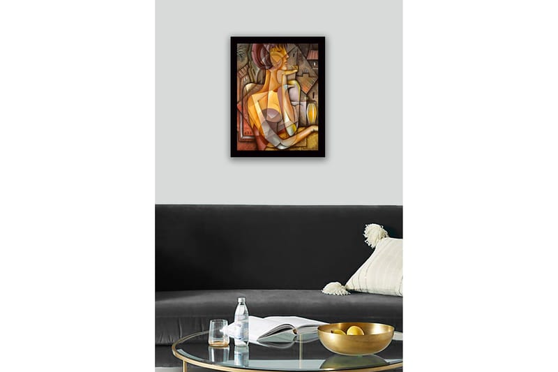 Inramad Canvastavla i trä - 41x56 cm - Abstrakt porträtt av en kvinna med geometriska former - Guld / Brunt / Beige - Inredning - Tavlor & konst