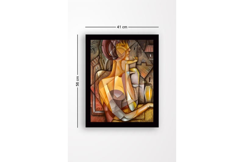 Inramad Canvastavla i trä - 41x56 cm - Abstrakt porträtt av en kvinna med geometriska former - Guld / Brunt / Beige - Inredning - Tavlor & konst