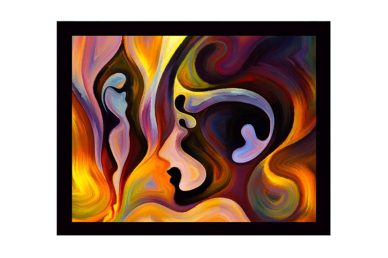 Inramad Canvastavla i trä - 41x56 cm - Abstrakt porträtt av ansikten i flödande former - Guld / Mörkröd / Lila - Inredning - Tavlor & konst