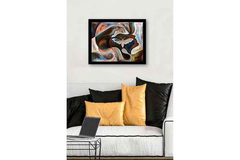 Inramad Canvastavla i trä - 41x56 cm - Abstrakt porträtt med en fjäril i fokus - Mörkbrun / Beige / Turkos - Inredning - Tavlor & konst