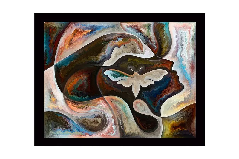 Inramad Canvastavla i trä - 41x56 cm - Abstrakt porträtt med en fjäril i fokus - Mörkbrun / Beige / Turkos - Inredning - Tavlor & konst