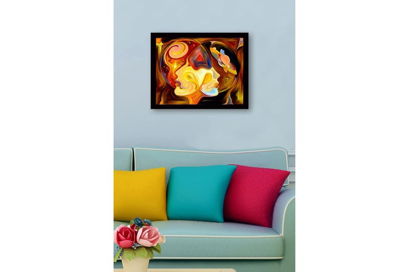 Inramad Canvastavla i trä - 41x56 cm - Abstrakt porträtt av två ansikten med kosmiska element - Guld / Orange / Brun - Inredning - Tavlor & konst