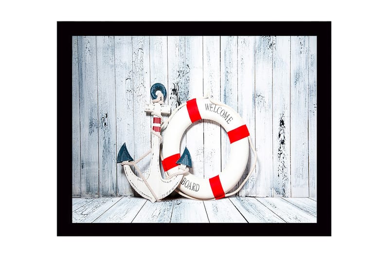 Inramad Canvastavla i trä - 41x56 cm - Ankar och livboj med välkomnande budskap, Vit / Röd / Blå