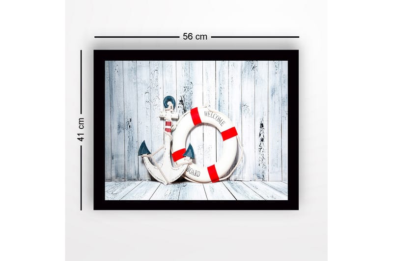 Inramad Canvastavla i trä - 41x56 cm - Ankar och livboj med välkomnande budskap - Vit / Röd / Blå - Inredning - Tavlor & konst
