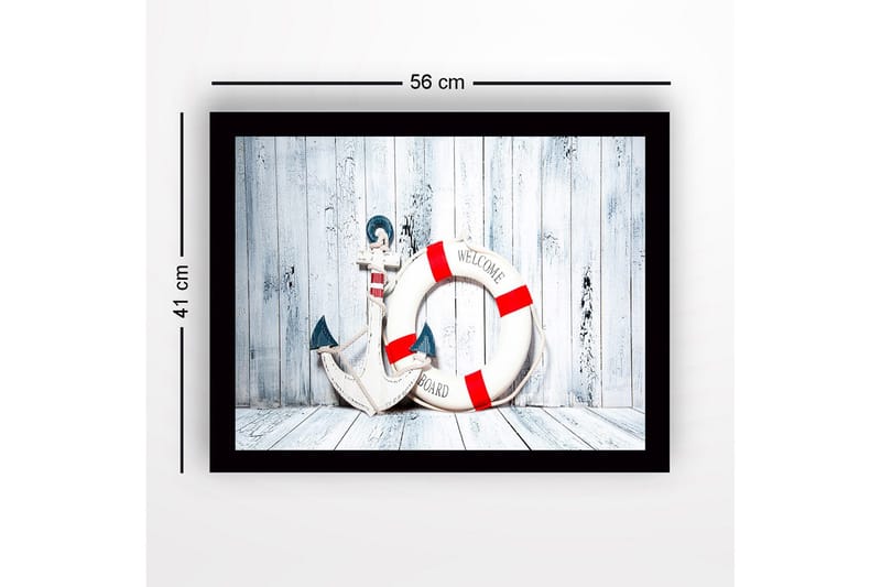 Inramad Canvastavla i trä - 41x56 cm - Ankar och livboj med välkomnande budskap - Vit / Röd / Blå - Inredning - Tavlor & konst