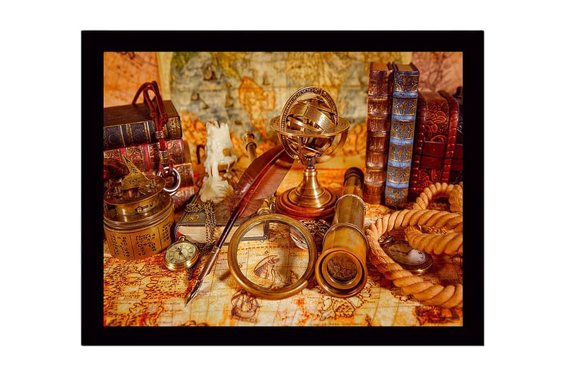 Inramad Canvastavla i trä - 41x56 cm - Antik samling av navigationsverktyg och böcker - Guld / Brun / Beige - Inredning - Tavlor & konst