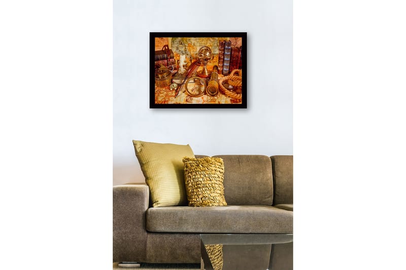 Inramad Canvastavla i trä - 41x56 cm - Antik samling av navigationsverktyg och böcker - Guld / Brun / Beige - Inredning - Tavlor & konst