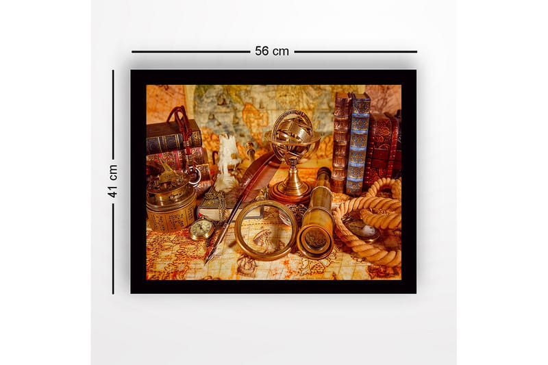 Inramad Canvastavla i trä - 41x56 cm - Antik samling av navigationsverktyg och böcker - Guld / Brun / Beige - Inredning - Tavlor & konst