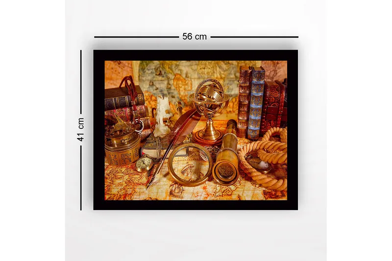 Inramad Canvastavla i trä - 41x56 cm - Antik samling av navigationsverktyg och böcker - Guld / Brun / Beige - Inredning - Tavlor & konst