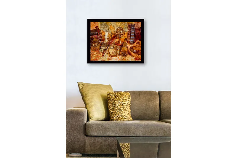 Inramad Canvastavla i trä - 41x56 cm - Antik samling av navigationsverktyg och böcker - Guld / Brun / Beige - Inredning - Tavlor & konst