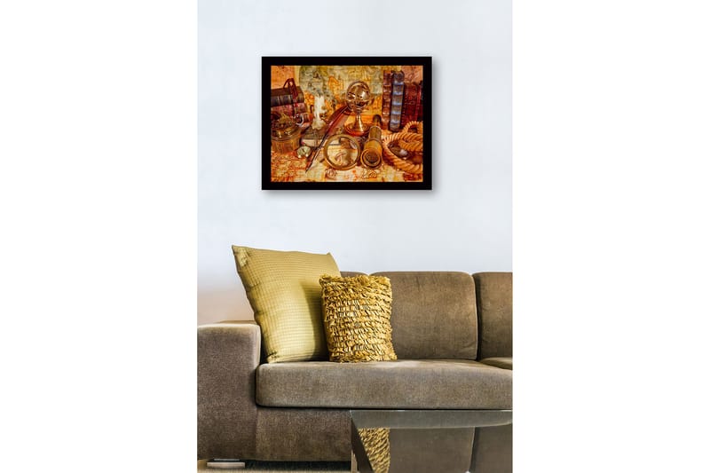 Inramad Canvastavla i trä - 41x56 cm - Antik samling av navigationsverktyg och böcker - Guld / Brun / Beige - Inredning - Tavlor & konst