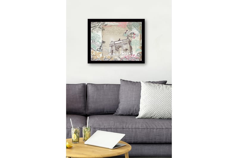 Inramad Canvastavla i trä - 41x56 cm - Arkitekturmotiv av en triumfbåge med blommiga detaljer och texten I love Milan - Pastellgrön / Rosa / Beige - Inredning - Tavlor & konst