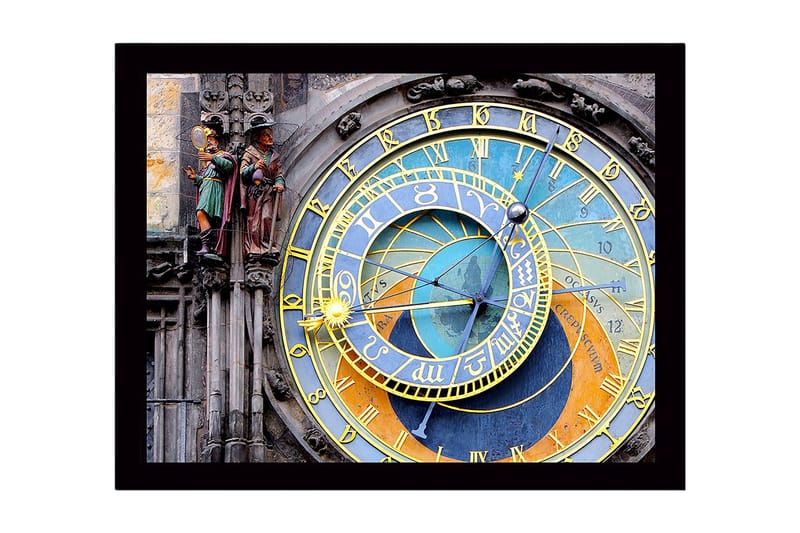 Inramad Canvastavla i trä - 41x56 cm - Astronomisk klocka med detaljerade cirklar och symboler - Guld / Blå / Orange - Inredning - Tavlor & konst