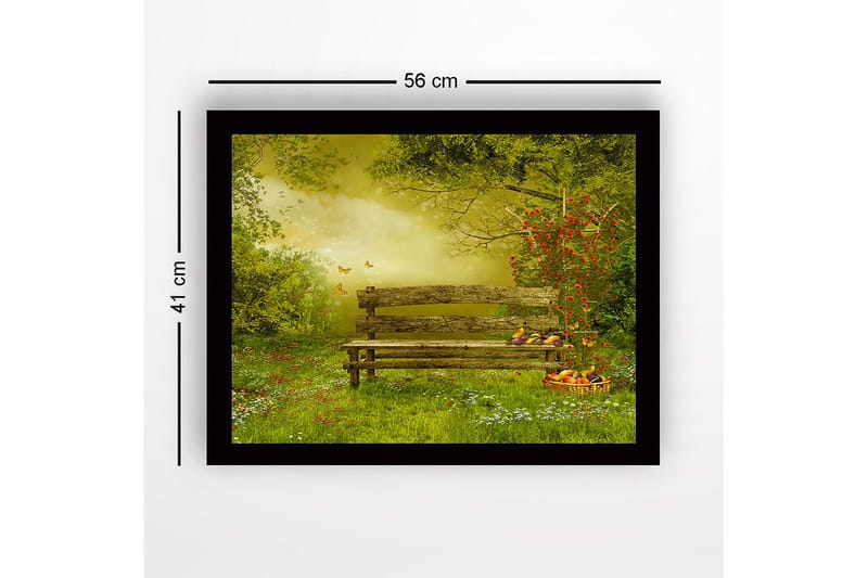 Inramad Canvastavla i trä - 41x56 cm - Bänk i en grönskande trädgård omgiven av blommor och fjärilar - Grön / Brun / Gul - Inredning - Tavlor & konst