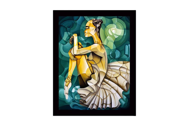 Inramad Canvastavla i trä - 41x56 cm - Ballettdansös i en elegant pose, Grön / Beige / Gul