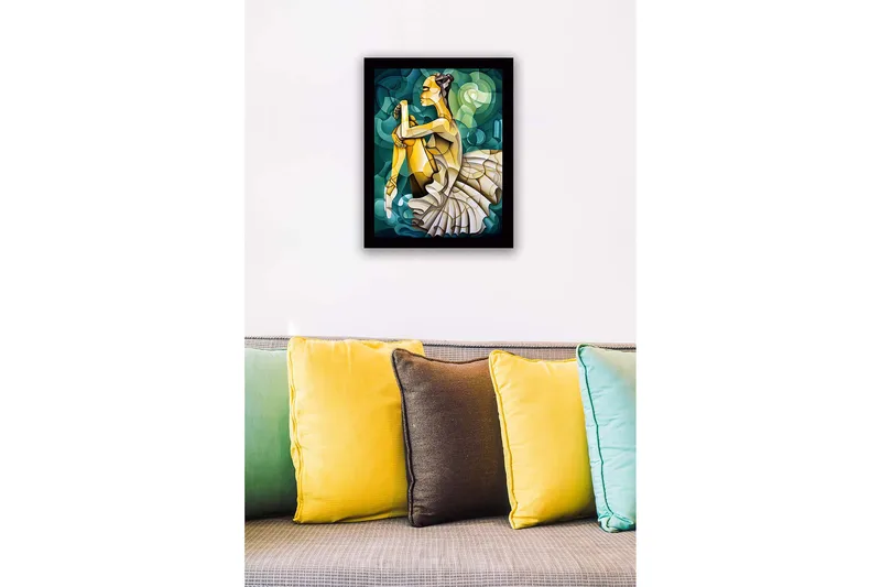 Inramad Canvastavla i trä - 41x56 cm - Ballettdansös i en elegant pose - Grön / Beige / Gul - Inredning - Tavlor & konst