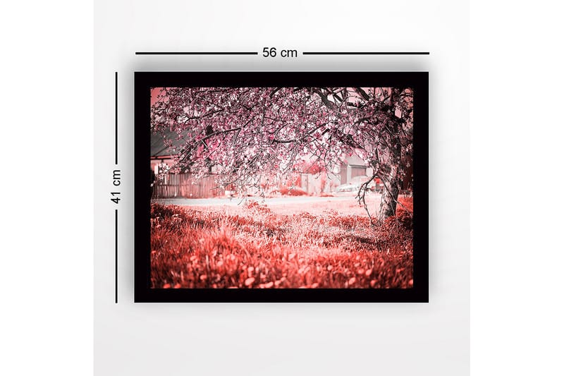 Inramad Canvastavla i trä - 41x56 cm - Blommande körsbärsträd i en drömlik landskapsmiljö - Rosa / Grön / Vit - Inredning - Tavlor & konst