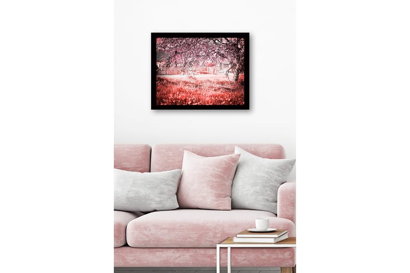 Inramad Canvastavla i trä - 41x56 cm - Blommande körsbärsträd i en drömlik landskapsmiljö - Rosa / Grön / Vit - Inredning - Tavlor & konst