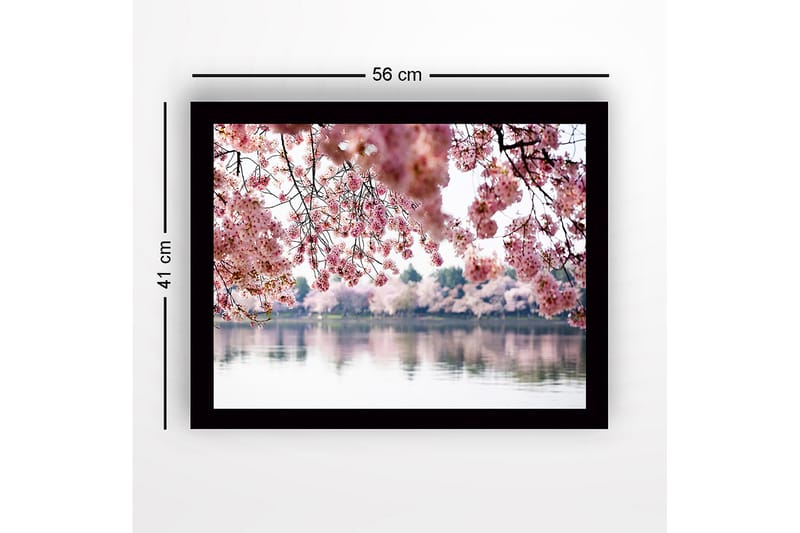 Inramad Canvastavla i trä - 41x56 cm - Blommande körsbärsträd vid en spegelblanka sjö - Rosa / Grön / Blå - Inredning - Tavlor & konst