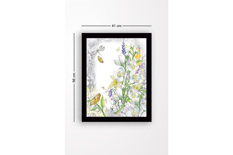 Inramad Canvastavla i trä - 41x56 cm - Blommig komposition med fjärilar och insekter - Vit / Gul / Grön - Inredning - Tavlor & konst