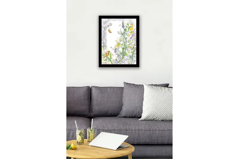 Inramad Canvastavla i trä - 41x56 cm - Blommig komposition med fjärilar och insekter - Vit / Gul / Grön - Inredning - Tavlor & konst