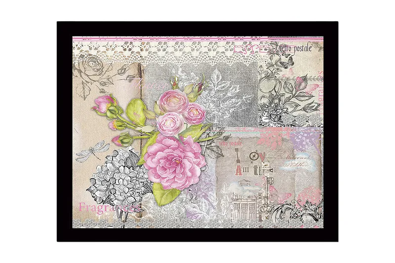 Inramad Canvastavla i trä - 41x56 cm - Blommig komposition med rosa rosor och detaljer i vintage-stil, Rosa / Grå / Beige