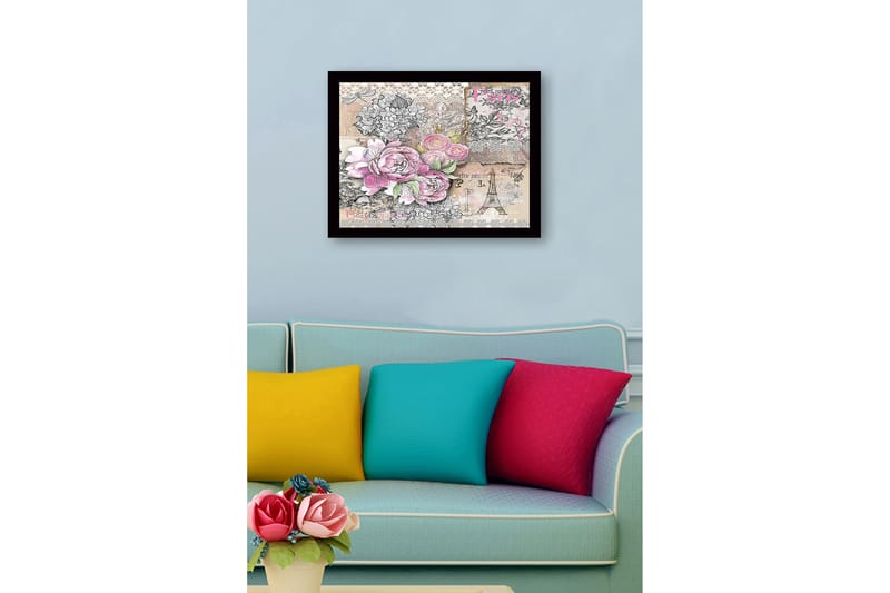 Inramad Canvastavla i trä - 41x56 cm - Blommig komposition med rosor och vintage-element - Rosa / Grå / Beige - Inredning - Tavlor & konst