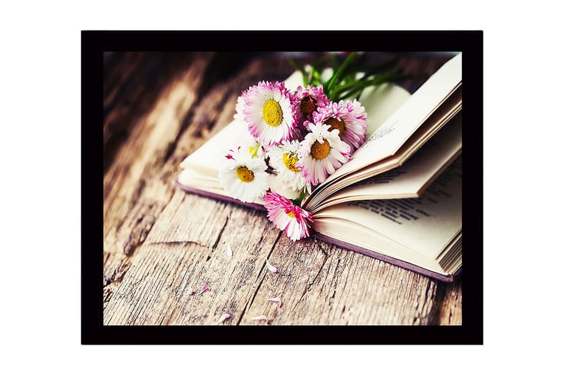 Inramad Canvastavla i trä - 41x56 cm - Blommor i en öppen bok - Rosa / Vit / Grön - Inredning - Tavlor & konst