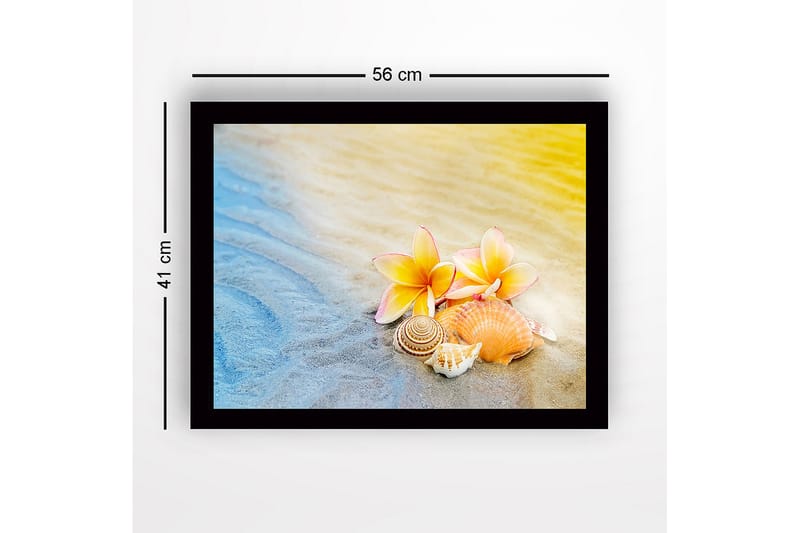 Inramad Canvastavla i trä - 41x56 cm - Blommor och snäckor på sandstrand - Gul / Rosa / Beige - Inredning - Tavlor & konst