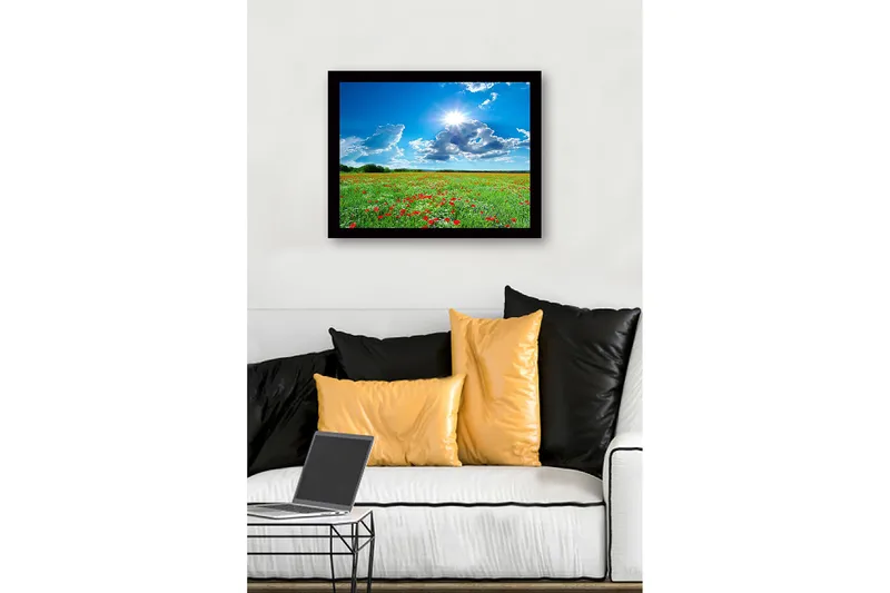 Inramad Canvastavla i trä - 41x56 cm - Blomstrande äng med röda vallmo och vita blommor under en klarblå himmel - Grön / Röd / Vit - Inredning - Tavlor & konst