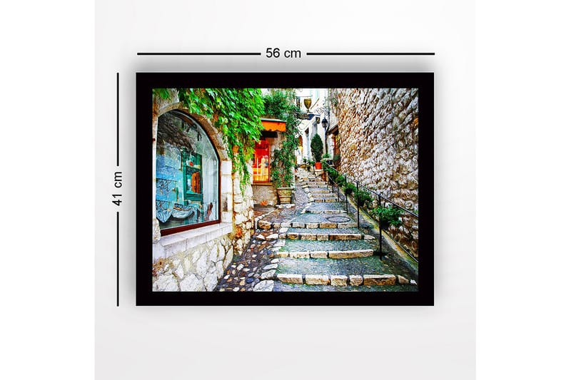 Inramad Canvastavla i trä - 41x56 cm - Charmig gränd med stenar och grönska - Grön / Beige / Röd - Inredning - Tavlor & konst