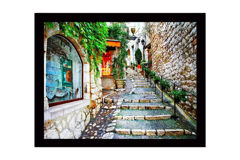 Inramad Canvastavla i trä - 41x56 cm - Charmig gränd med stenar och grönska - Grön / Beige / Röd - Inredning - Tavlor & konst