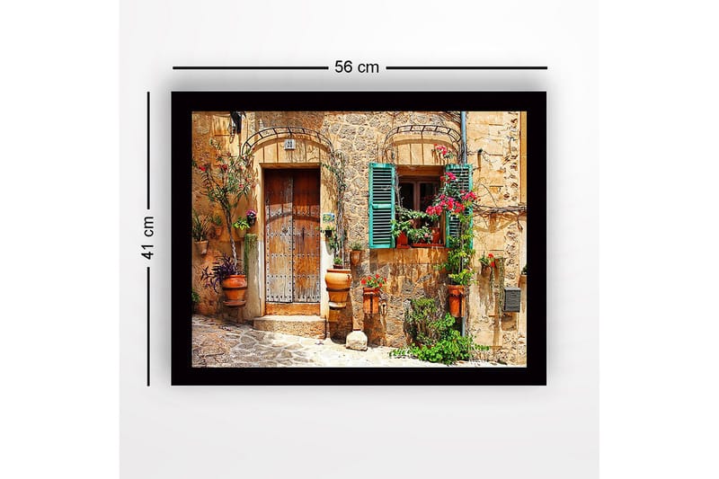 Inramad Canvastavla i trä - 41x56 cm - Charmig husfasad med blomsterdekorationer och gröna fönsterluckor - Terrakotta / Grön / Beige - Inredning - Tavlor & konst