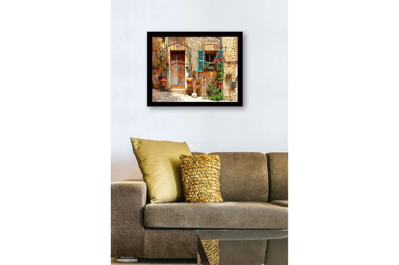 Inramad Canvastavla i trä - 41x56 cm - Charmig husfasad med blomsterdekorationer och gröna fönsterluckor - Terrakotta / Grön / Beige - Inredning - Tavlor & konst