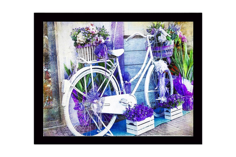 Inramad Canvastavla i trä - 41x56 cm - Cykel dekorerad med blommor och korgar - Lila / Vit / Grön - Inredning - Tavlor & konst