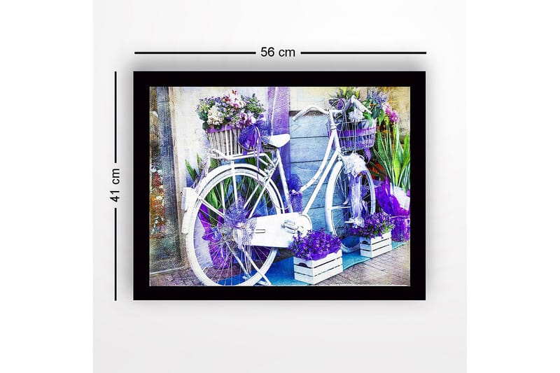 Inramad Canvastavla i trä - 41x56 cm - Cykel dekorerad med blommor och korgar - Lila / Vit / Grön - Inredning - Tavlor & konst
