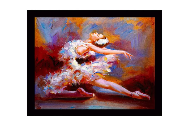 Inramad Canvastavla i trä - 41x56 cm - Dansande ballerina i en färgsprakande klänning, Röd / Vit / Orange