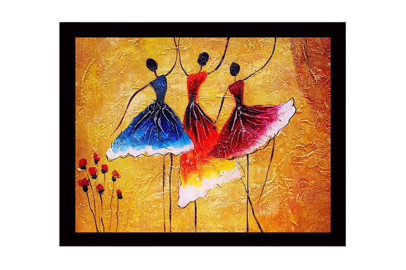 Inramad Canvastavla i trä - 41x56 cm - Dansande kvinnor i färgglada klänningar - Blå / Röd / Gul - Inredning - Tavlor & konst