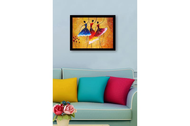 Inramad Canvastavla i trä - 41x56 cm - Dansande kvinnor i färgglada klänningar - Blå / Röd / Gul - Inredning - Tavlor & konst