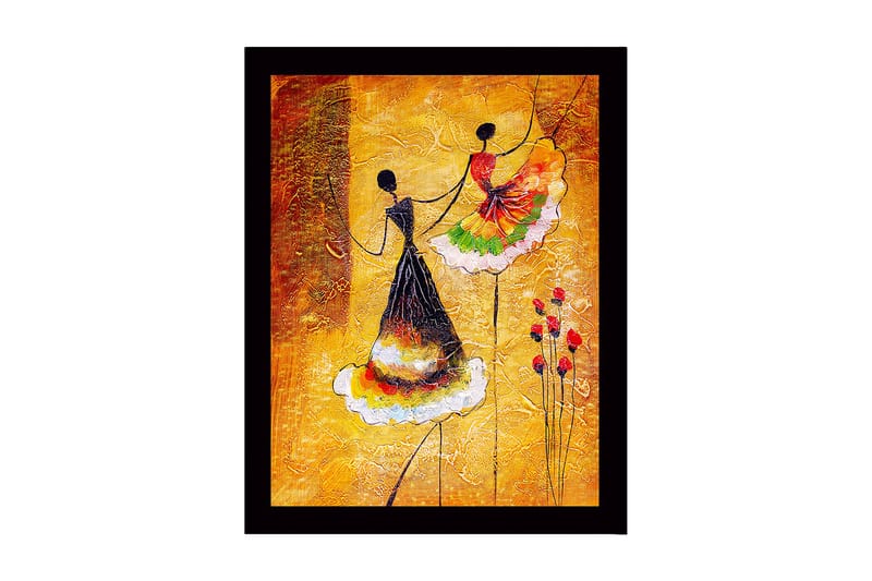 Inramad Canvastavla i trä - 41x56 cm - Dansande kvinnor i färgglada klänningar - Gult / Svart / Rött - Inredning - Tavlor & konst