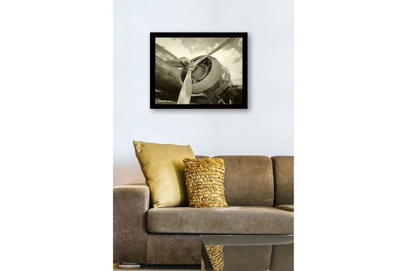 Inramad Canvastavla i trä - 41x56 cm - Detaljerad närbild av en flygplanspropeller och motor - Grå / Svart / Silver - Inredning - Tavlor & konst