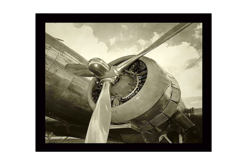 Inramad Canvastavla i trä - 41x56 cm - Detaljerad närbild av en flygplanspropeller och motor, Grå / Svart / Silver