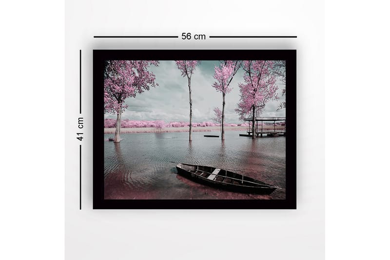 Inramad Canvastavla i trä - 41x56 cm - Drömlik landskap med rosa träd vid en stilla sjö - Rosa / Grå / Svart - Inredning - Tavlor & konst