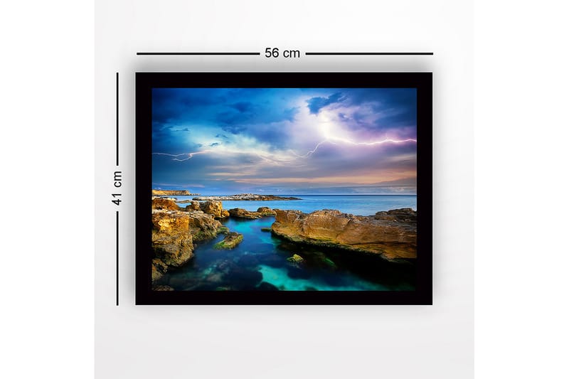 Inramad Canvastavla i trä - 41x56 cm - Dramatiskt havslandskap med åskmoln och klippformationer - Blå / Grön / Beige - Inredning - Tavlor & konst