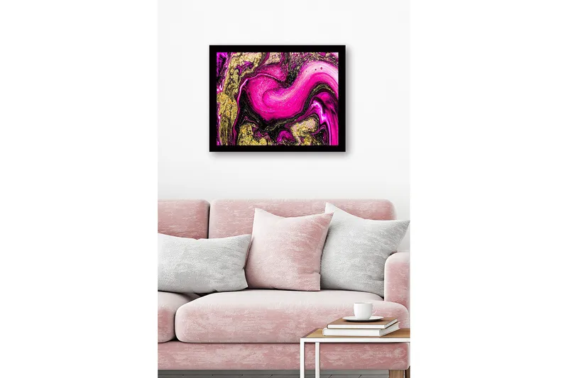 Inramad Canvastavla i trä - 41x56 cm - Dynamisk abstrakt komposition med rosa och guldiga inslag - Rosa / Guld / Svart - Inredning - Tavlor & konst