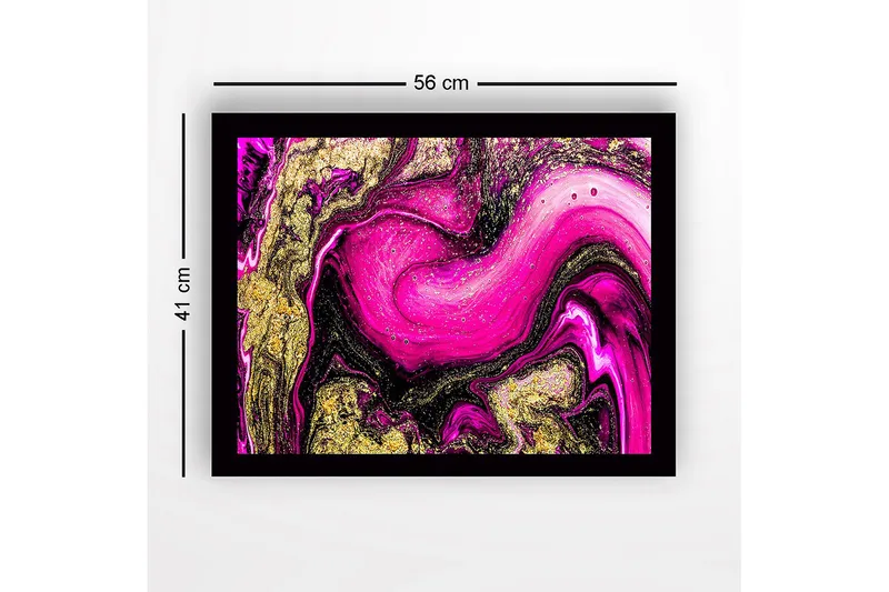 Inramad Canvastavla i trä - 41x56 cm - Dynamisk abstrakt komposition med rosa och guldiga inslag - Rosa / Guld / Svart - Inredning - Tavlor & konst