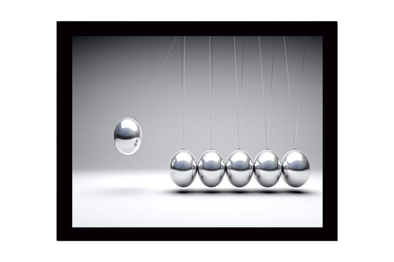 Inramad Canvastavla i trä - 41x56 cm - Dynamisk komposition med hängande metallkulor i rörelse, Silver / Grå