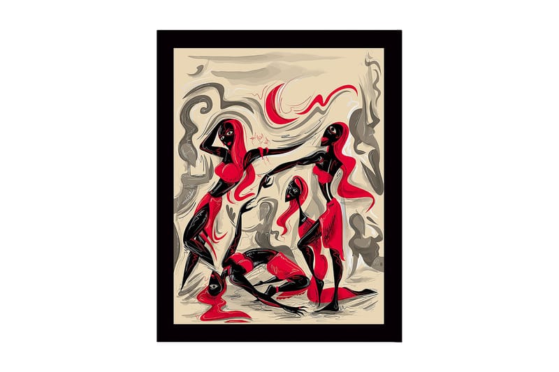 Inramad Canvastavla i trä - 41x56 cm - Dynamisk komposition med tre figurer i rörelse, Röd / Svart / Beige
