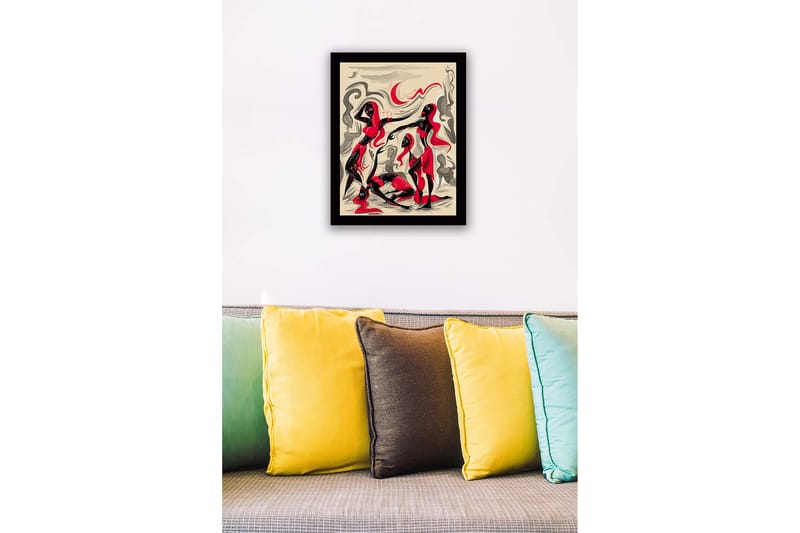 Inramad Canvastavla i trä - 41x56 cm - Dynamisk komposition med tre figurer i rörelse - Röd / Svart / Beige - Inredning - Tavlor & konst